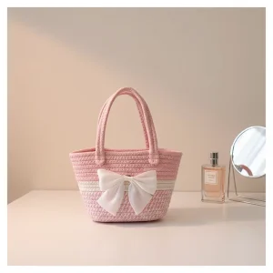 Handwoven Straw Shoulder Bag for Women Summer Beach Tote with Bow Flower Decoration Custom Logo Fashion Weaving Bag