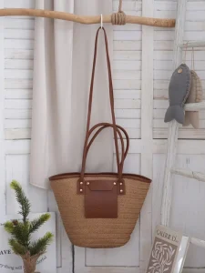 Handwoven Straw Tote Bag Women Vintage Faux Leather Trim Shoulder Bag Summer Beach Casual Ladies Handbag