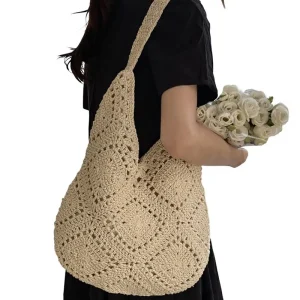 Handwoven Straw Zip Single Strap Large Capacity Shoulder Underarm Bag Fashionable Casual Beach Vacation Style
