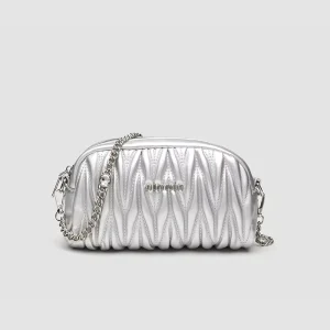 High End Fashionable Silver Pleated Chain Bag Made of PU with Stone Pattern