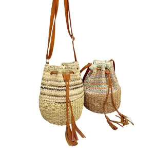 High End Knitted Polyester Bucket Bag Large Capacity Shoulder Crossbody Draw Belt Closure Summer New Tassel Versatile Basket