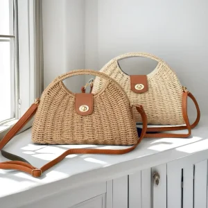 High End Mori Handmade Woven Straw Bag Single Strap Crossbody Shoulder Zip Closure Autumn Polyester Lining Women’s Fashion