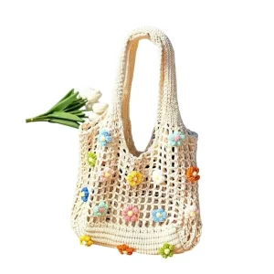 High End Women’s Beach Travel Straw Woven Bag with Flowers Large Capacity Single Shoulder Tote Bag