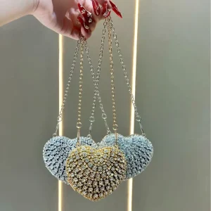 High End Women’s Cross Border Mini Lipstick Bag Light Luxury Diamond Encrusted Heart Chain Fashionable Versatile Shoulder Bag
