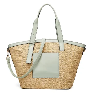High Quality Beige Straw Tote Bag Handmade Summer Beach Daily Use Fashion with PU Handle for Women