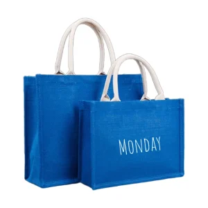 High Quality Eco friendly Personalized Blank Beach Jute Tote Bag Blue Reusable Grocery Shopping Recycled Craft for Gifts