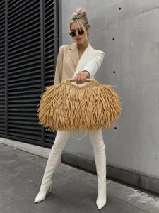 High Quality Luxury 100% Handmade Tassel Paper Raffia Beach Bag Crochet Bags Evening Wedding Clutch Bags for Women