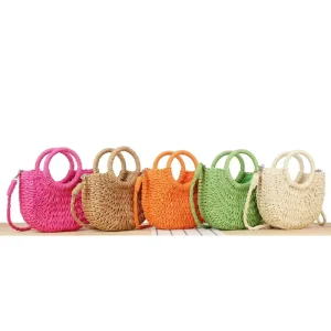 High Quality Mini Semi Circle Straw Bag Hand Woven Women Handbags Summer Boho Beach Straw Tote Shoulder Bag Travel Crossbody Bag