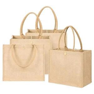 High Quality Natural Reusable Medium Jute Shopping Bag with Handled Shoulder Strap Custom Logo Letter Pattern Gift Option