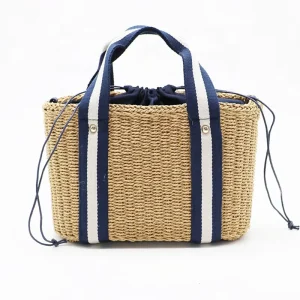High Quality Natural Straw Handbag Women Eco Friendly Webbing Handle Woven Straw Shoulder Bag With Drawstring Pocket
