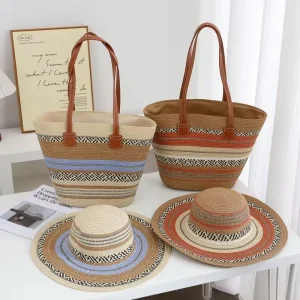 High Quality Outdoor Travel Colorful Striped Beach Bag Set Large Capacity Straw Tote Bag Beach Straw Sun Hat