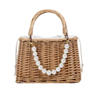 High Quality Square Silk Ribbon Hollow Out Pearl Handbags Trendy Tote Beach Bags Straw Bucket Fashionable for All Seasons