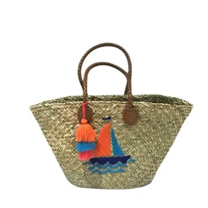 High Quality Straw and Wool Tote Bag with PU Handle Natural Woven Lady Handbag