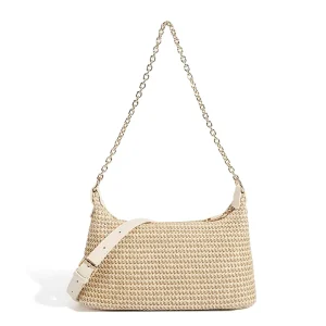 High Quality Women PU Straw Leisure Travel Shoulder Chain Underarm Bag Summer Casual Polyester Lining Zipper Closure Middle Size
