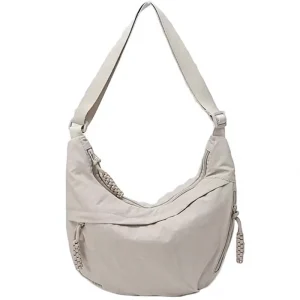 Hobo Bag Women Men Retro Imported Nylon Canvas Crossbody Shoulder Bag Slouchy Dumpling Purse Beige Zipper Closure Polyester