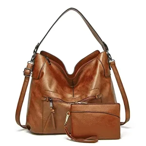 Hobo Bags Women Large PU Handbags Small Pouch Shoulder Bags Tote Bags 2 Piece Set Brown Travel