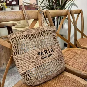 Hobo Summer Beach Embroidered Straw Tote Large Hollow Out Woven Shoulder Bag Versatile Beach Purse with Letter Design Bag