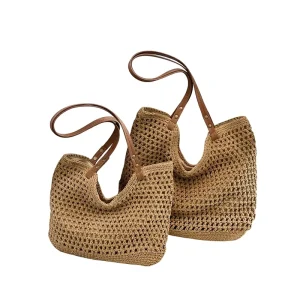 Hollow Hand Woven Zipper Closure Polyester Women’s Summer Lazy Style Tote Bag Seaside Vacation Commute Shoulder Bag