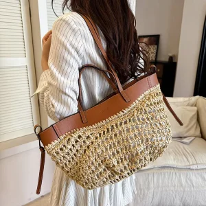 Hollow Out Crochet Straw Tote Bag Dual Handle Casual Crossbody Bag for Ladies Outdoor Shopping Holiday
