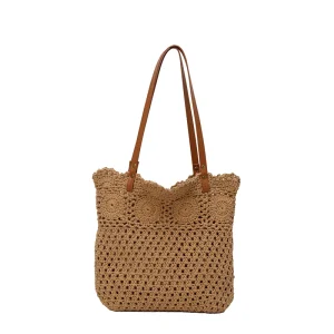 Hollow Woven Large Capacity Handheld Bucket Bag for Women New Style Vacation Beach Resort Casual Shoulder Bag