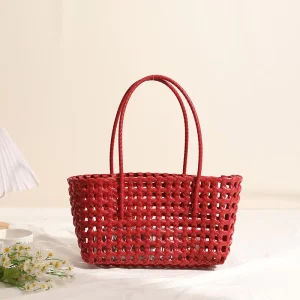 Hollowed Out Shoulder Plastic Woven Bag Color Straw Woven Bag Vacation Style Beach Bag for Women