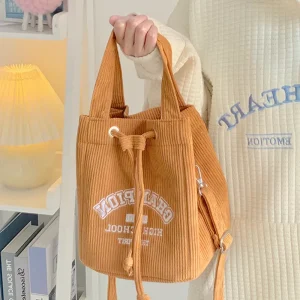 Hong’ao Women’s Fashion Autumn Winter College Crossbody Bucket Bag Corduroy Customizable Logo Zipper Closure Recyclable Portable