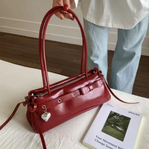 Hot Pink Bow Handbag Women’s Cute Y2K Style Top Handle Bag With Sweet Heart Lock Pendant Purse for Daily