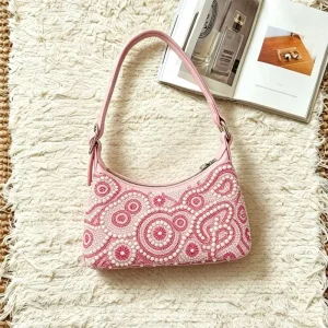 INS Hot Handmade Aesthetic Pink Beaded Flower Pattern Hobo Bag Paisley Pearl Beading Underarm Totes Y2K Style Girls Shoulder Bag