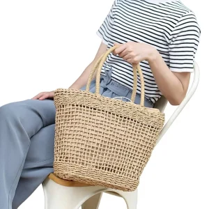 INS Summer Seaside Vacation Beach Casual Drawstring Large-Capacity Square Straw Bag Hollow Fishnet Weaving