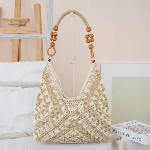 INS Woven Straw Bag Women’s Large Capacity Bohemian Seaside Vacation Style Beach Shoulder Lightweight With Wooden Bead Handle