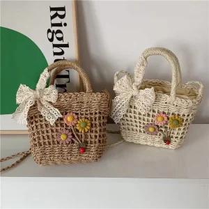 In Stock Handwoven Straw Floral Mini Crossbody Bag Thin Strap Open Top Shoulder Purse Fresh Sweet Spring Style