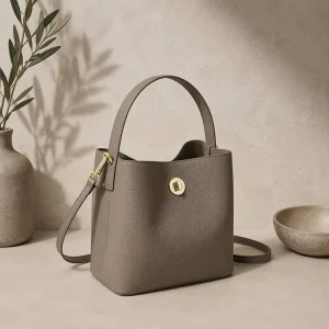 In Stock Private Label Real Pebbled Cowhide Purse Taupe Metal Lock Small Bucket Bags For Women Crossbody Bag OEM ODM