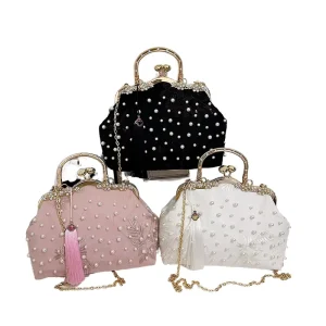 Indian Handicraft Vintage Ethnic Tribal Gypsy Patchwork Bag with Sparkling Pearl Chains Genuine Leather & Acrylic Lining / Purse