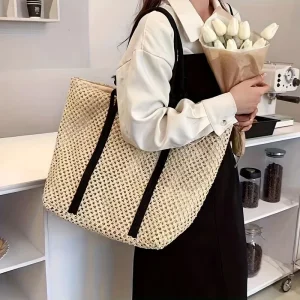 Ins New Hollow Paper Rope Large Capacity Woven Bag Zipper Closure Two Straps Summer Casual Women’s Beach Bag