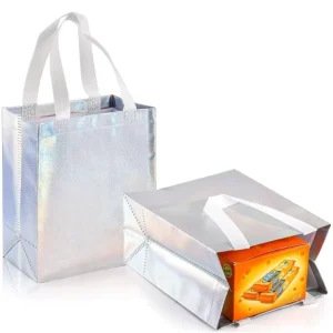 Iridescent Holographic Dot Pattern Reusable NonWoven Glossy Silver Metallic Laser Glitter Gift Bag Tote Shopping Bag