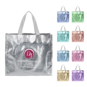 Iridescent Holographic Eco friendly Reusable Non woven Gift Bag Glitter Silver Metallic Laser Woven Design Large Capacity Tote