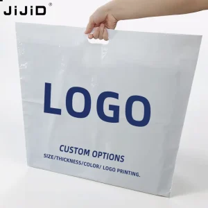 JIJID Custom Logo Printed Boutique Clothing Packing Die Cut Handle Plastic Bags Personalized Brand Name Shopping Bag
