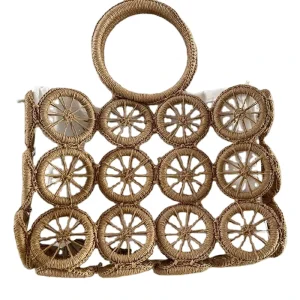 Japan Style Vintage Straw Tote Beach Bag with Chains for Women Hand-hollowed Hollow Woven Design