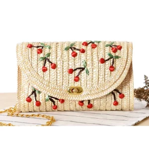 Japanese Style Three-dimensional Hand-Embroidered Cherry Wheat Straw Bag Fashionable Summer Beach Bag for Girls
