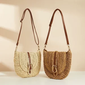 Japanese style Casual Shoulder Bag Made of Straw with ZIP Closure Large Capacity