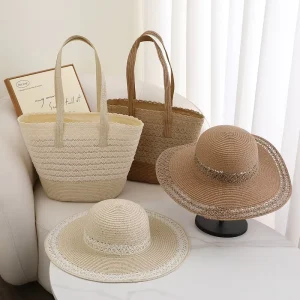 Jxwatcher Custom Large Capacity Straw Tote Bag and Hat Set Foldable Wide Brim Sun Protection Beach Hats for Women Summer Straw