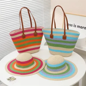 Jxwatcher New Fashion Beach Summer Sun Hat and Shoulder Bag Set Women Large Capacity Tote Bag and Wide Brim Straw Hat
