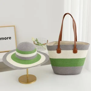 Jxwatcher Trendy Summer Straw Bag Hat Set 2 Pcs Women Holiday Seaside Beach Large Capacity Tote Bag Straw Hats