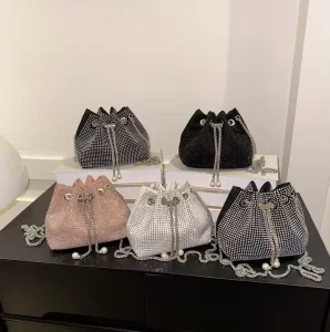 KH New Best Selling Women’s Diamond Studded Shiny Water & Full Diamond Bucket Crossbody Bag with High End Chain