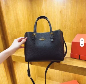 KH New Classic Black Work Bag with Gold Buckle High end Textured Handbag with Middle Zipper Divider