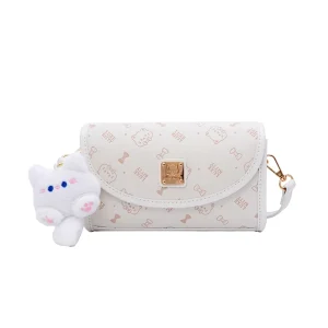 Kawaii Embossed Flap Crossbody Bag For Women Trim PU Shoulder Purse With Fluffy Plush Pendant Slim Messenger Bag For Daily
