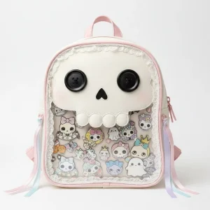 Kawaii Stylized Skull Shape Clear Window Lace Trim Ita Bag for Anime Lovers Cosplay Daily Fashion Accessory