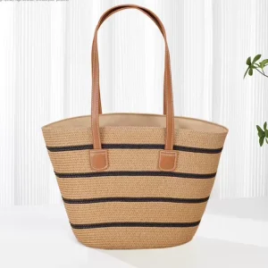 Khaki Black Solid Color Women’s Woven Straw Tote Bag Large Capacity Zipper Practical Open Foldable Holiday Travel