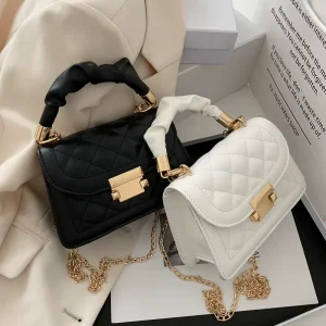Korean Fashion Women’s Messenger Handbag Small Square Chain Bag Single Lattice Shoulder Strap PU Small