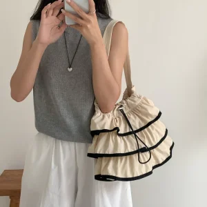 Korean Style Ins Style Drawstring Ruffled Underarm Bag Large Capacity Niche All match Nylon Bucket Shoulder Bag Polyester